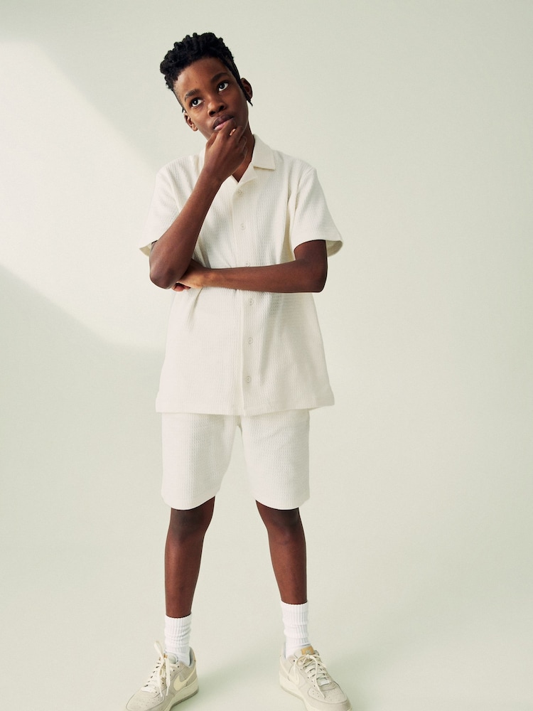 Cream Textured Waffle 100% Cotton Short Sleeve Shirt and Shorts Set (3-16yrs) - Image 3 of 6