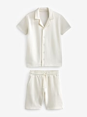 Cream Textured Waffle 100% Cotton Short Sleeve Shirt and Shorts Set (3-16yrs) - Image 4 of 6