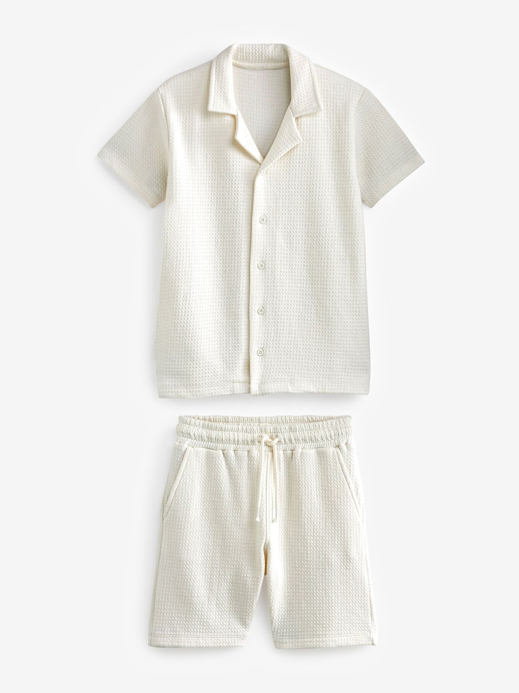 Cream Textured Waffle 100% Cotton Short Sleeve Shirt and Shorts Set (3-16yrs) - Image 4 of 6