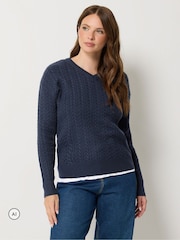 M&Co Blue V-Neck Mini Cable Jumper - Image 1 of 6