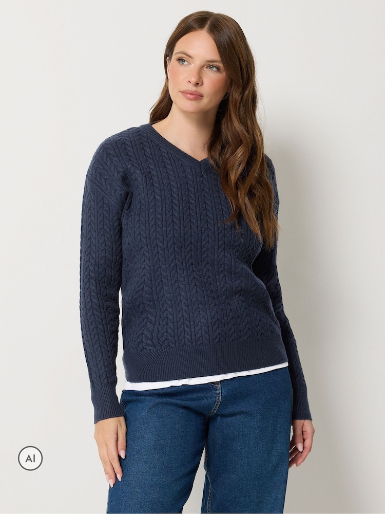 M&Co Blue V-Neck Mini Cable Jumper - Image 1 of 6 M&Co Blue V-Neck Mini Cable Jumper - Image 1 of 6