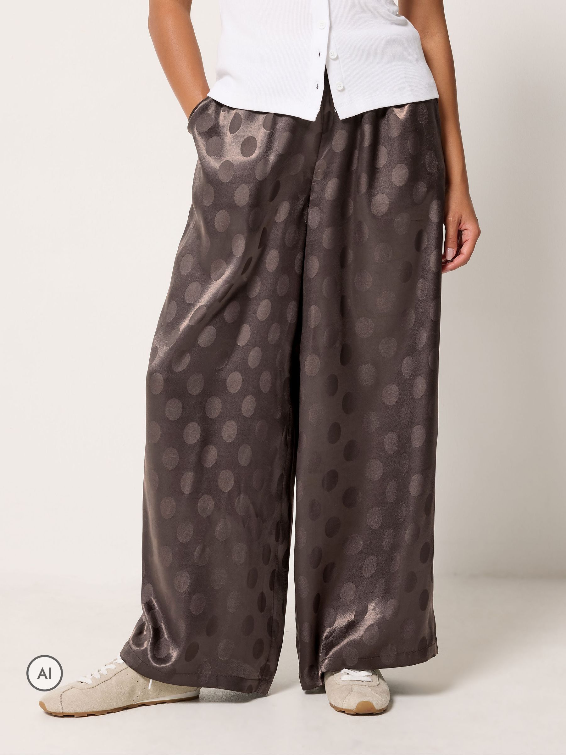 Pixiegirl Women's Chocolate Petite Spot Satin Wide Leg Trousers In | : Size 18 - Image 2