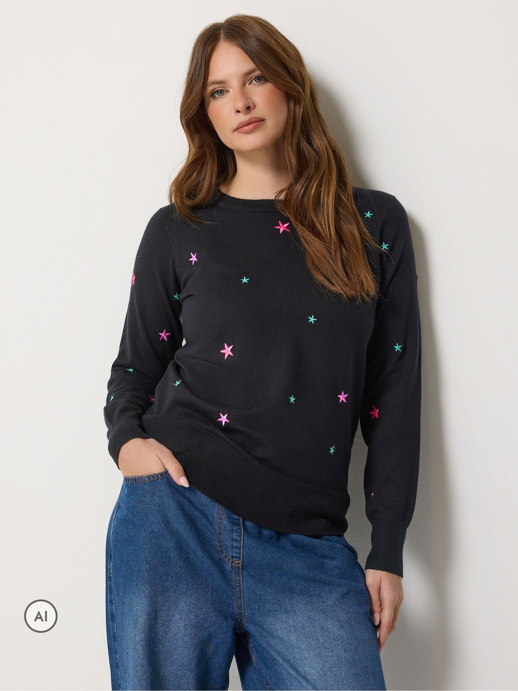 M & Co Women's Black Star Embroidered Jumper