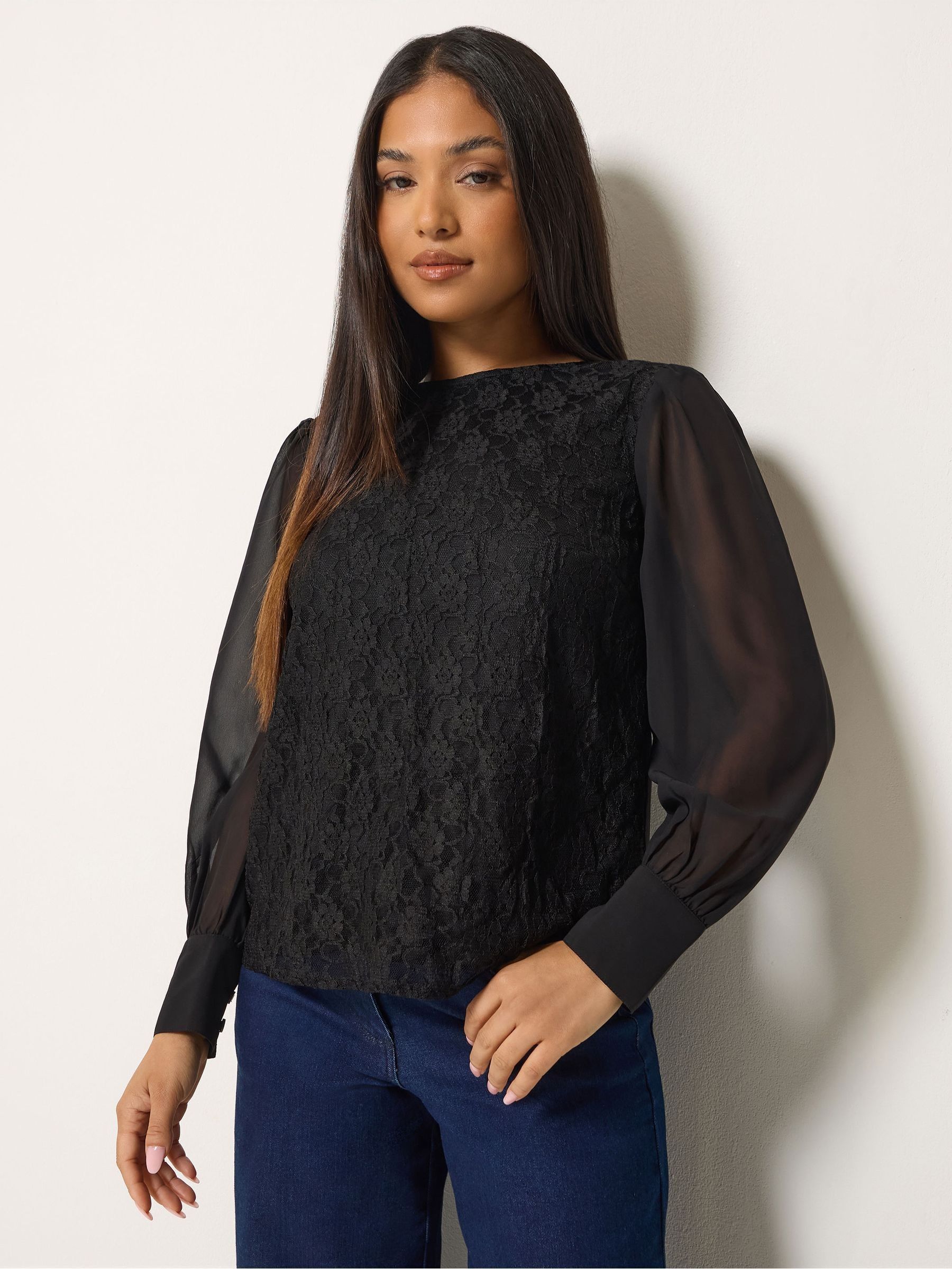 M&Co Women's Black Petite Lace Front Chiffon Blouse In | Size: 18 - Image 1