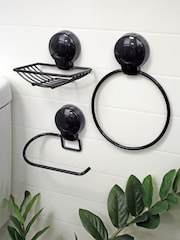 Showerdrape Black Suctionloc Set Of 3 Toilet Roll Holder Towel Ring and Soap Basket - Image 1 of 4