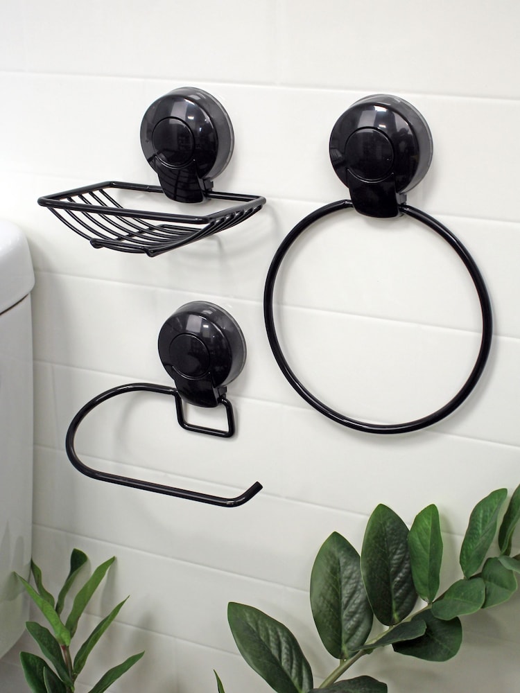 Showerdrape Black Suctionloc Set Of 3 Toilet Roll Holder Towel Ring and Soap Basket - Image 1 of 4