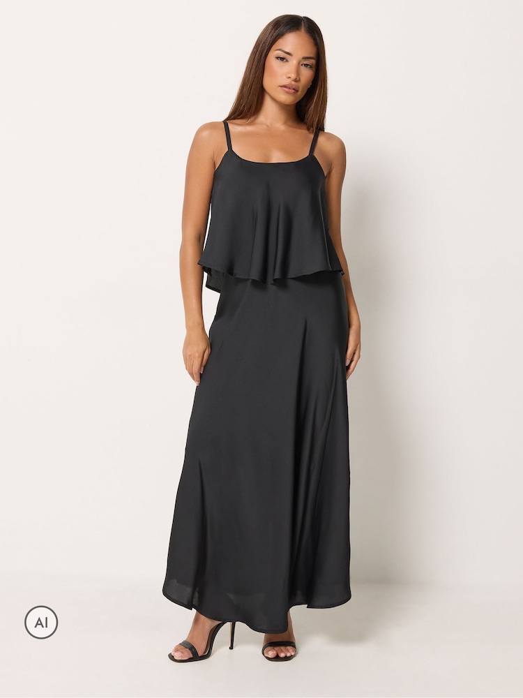 PixieGirl Petite Black Satin Layered Midi Dress - Image 1 of 6 PixieGirl Petite Black Satin Layered Midi Dress - Image 1 of 6