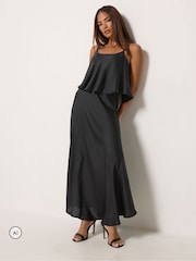 PixieGirl Petite Black Satin Layered Midi Dress - Image 2 of 6