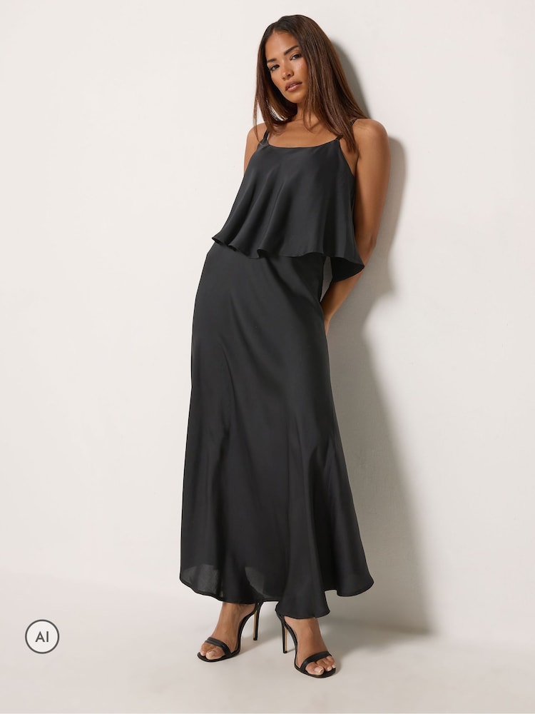PixieGirl Petite Black Satin Layered Midi Dress - Image 2 of 6 PixieGirl Petite Black Satin Layered Midi Dress - Image 2 of 6