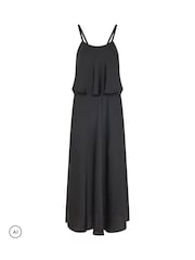PixieGirl Petite Black Satin Layered Midi Dress - Image 5 of 6