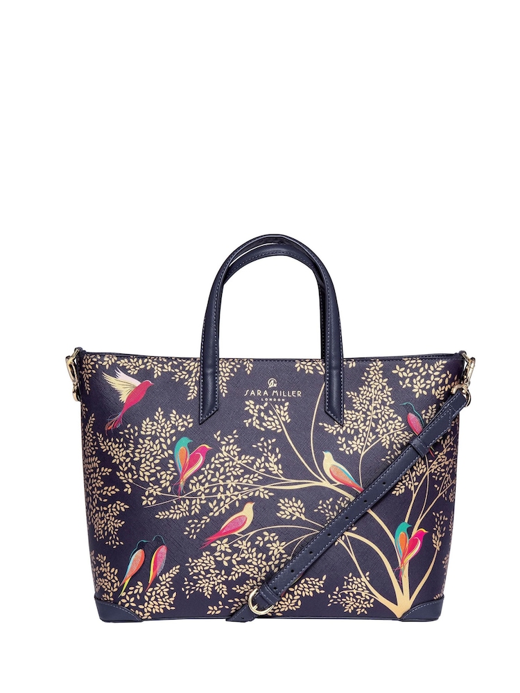 Sara Miller Medium Tote Smokey Blue Birds Bag - Image 1 of 5 Sara Miller Medium Tote Smokey Blue Birds Bag - Image 1 of 5