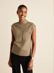 Khaki Green Slinky Soft Touch Utility Sleeveless High Neck Zip Pocket Top - Image 1 of 6