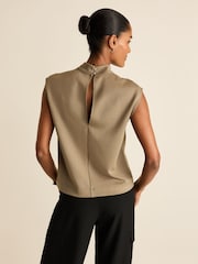 Khaki Green Slinky Soft Touch Utility Sleeveless High Neck Zip Pocket Top - Image 3 of 6