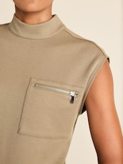Khaki Green Slinky Soft Touch Utility Sleeveless High Neck Zip Pocket Top - Image 4 of 6