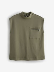 Khaki Green Slinky Soft Touch Utility Sleeveless High Neck Zip Pocket Top - Image 5 of 6