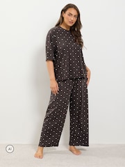 Yours Curve Brown Polka Dot Sleep T-Shirt And Wide Leg Pyjamas Set - Image 1 of 6