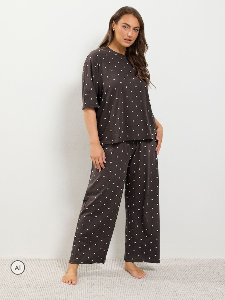 Yours Curve Brown Polka Dot Sleep T-Shirt And Wide Leg Pyjamas Set - Image 1 of 6 Yours Curve Brown Polka Dot Sleep T-Shirt And Wide Leg Pyjamas Set - Image 1 of 6