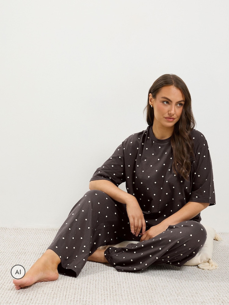 Yours Curve Brown Polka Dot Sleep T-Shirt And Wide Leg Pyjamas Set - Image 2 of 6 Yours Curve Brown Polka Dot Sleep T-Shirt And Wide Leg Pyjamas Set - Image 2 of 6