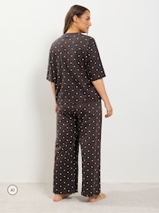 Yours Curve Brown Polka Dot Sleep T-Shirt And Wide Leg Pyjamas Set - Image 3 of 6