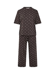 Yours Curve Brown Polka Dot Sleep T-Shirt And Wide Leg Pyjamas Set - Image 5 of 6