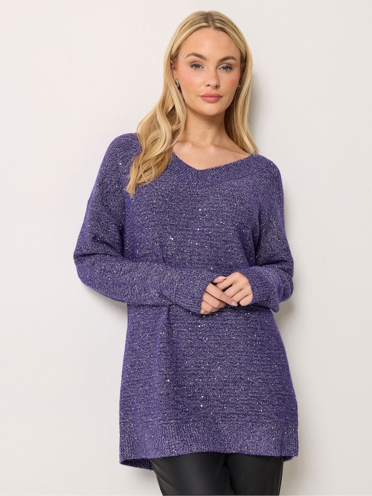 M&Co Purple V-Neck Sequin Tunic Jumper - Image 1 of 6 M&Co Purple V-Neck Sequin Tunic Jumper - Image 1 of 6