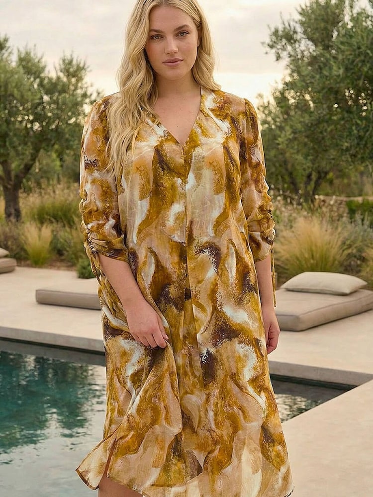 Roman Brown Curve Swirl Print V-Neck Midi Dress - Image 1 of 4