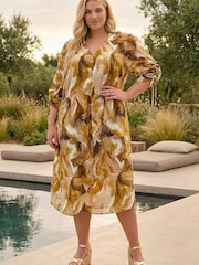 Roman Brown Curve Swirl Print V-Neck Midi Dress - Image 2 of 4