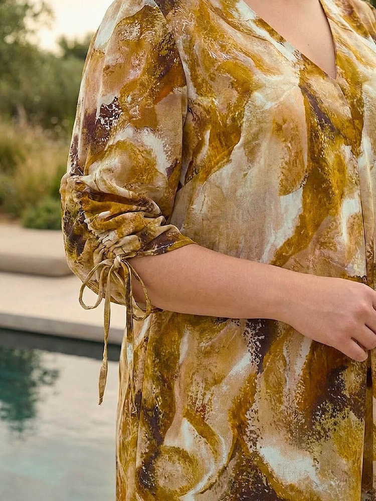 Roman Brown Curve Swirl Print V-Neck Midi Dress - Image 4 of 4