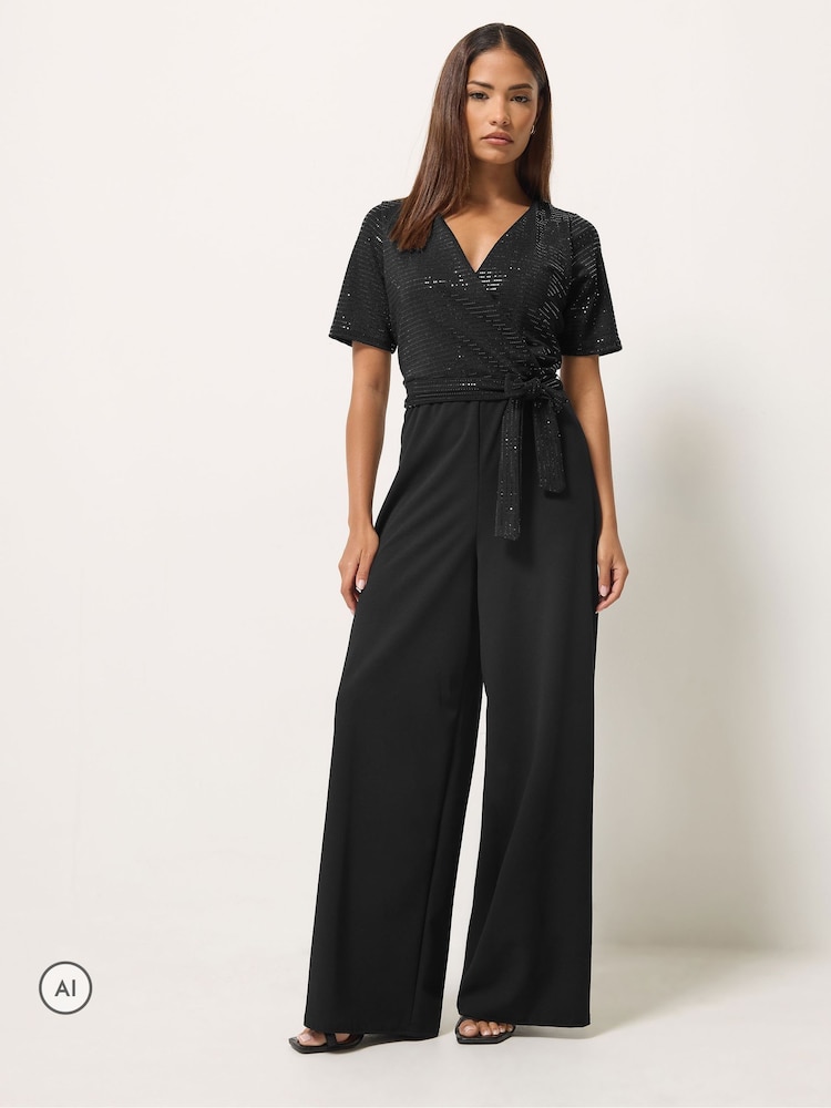 PixieGirl Petite Black Sequin Wrap Wide Leg Jumpsuit - Image 2 of 6 PixieGirl Petite Black Sequin Wrap Wide Leg Jumpsuit - Image 2 of 6