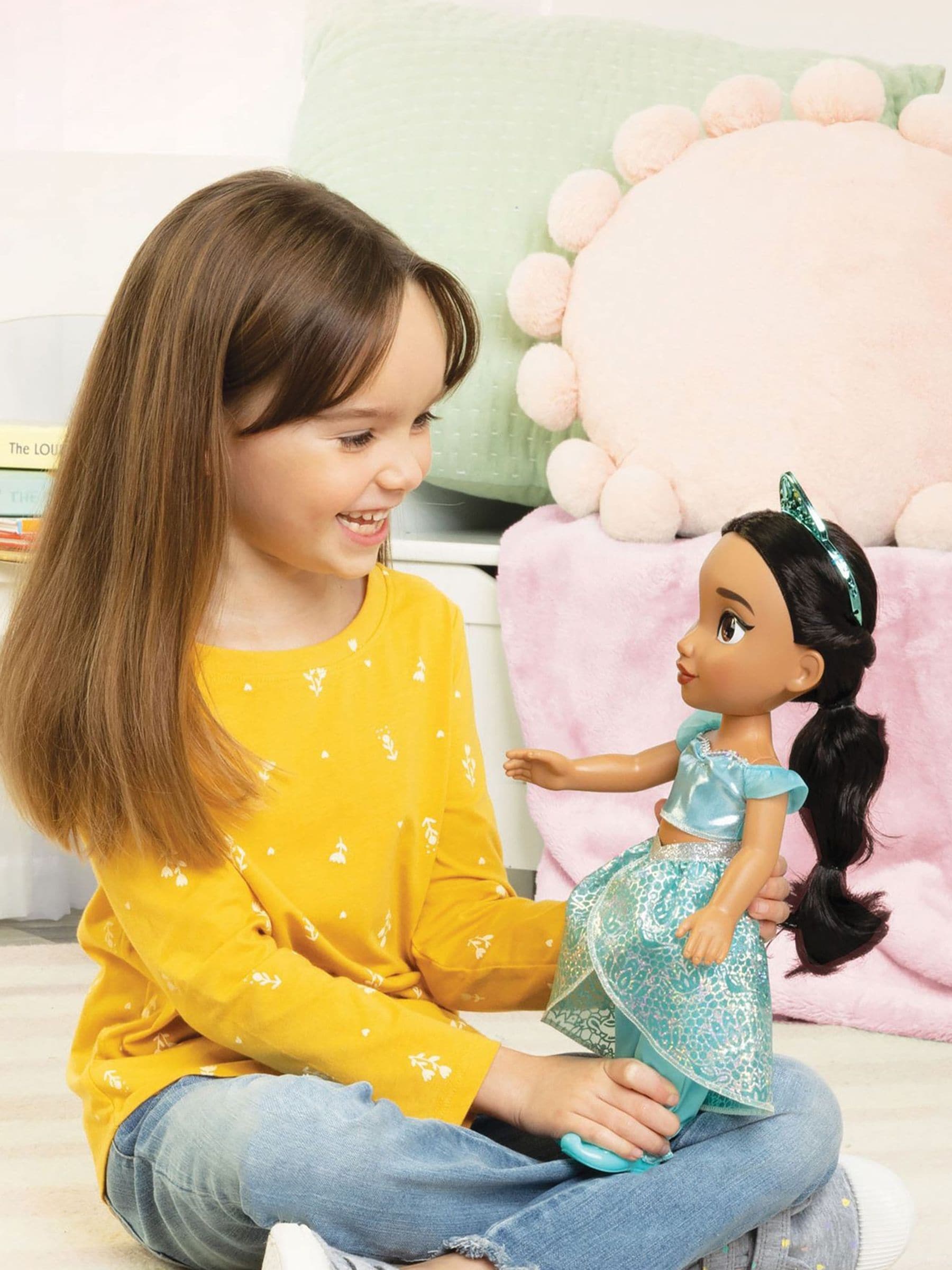 Disney Princess My Friend Jasmine Doll 35cm | Licensed by Jakks Pacific, Royal Reflection Eyes, Shimmery Platinum Holofoil Jumpsuit, Shoes, Tiara and Brush, Ages 3+ - Image 2