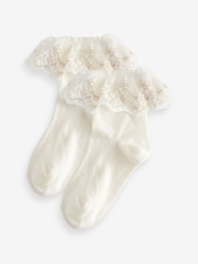 Cream 2 Pack Cotton Rich Flower Girl Ruffle Ankle Socks - Image 1 of 2