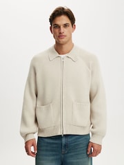 Cotton On Cream Zip Through Knitted Bomber Jumper - Image 1 of 4