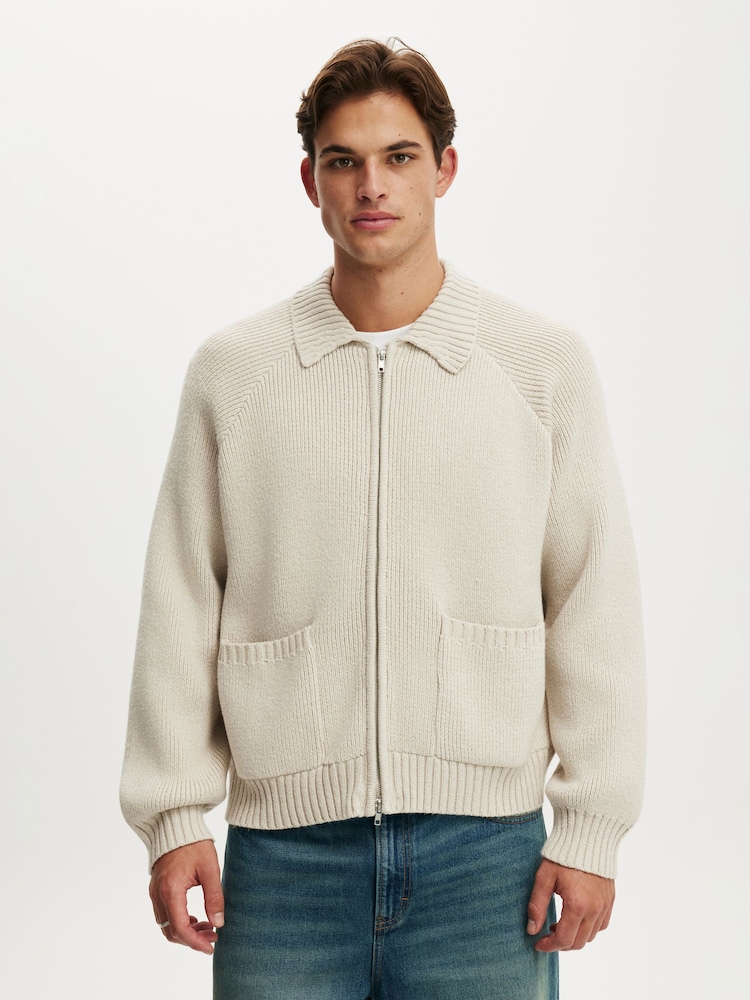 Cotton On Cream Zip Through Knitted Bomber Jumper - Image 1 of 4 Cotton On Cream Zip Through Knitted Bomber Jumper - Image 1 of 4
