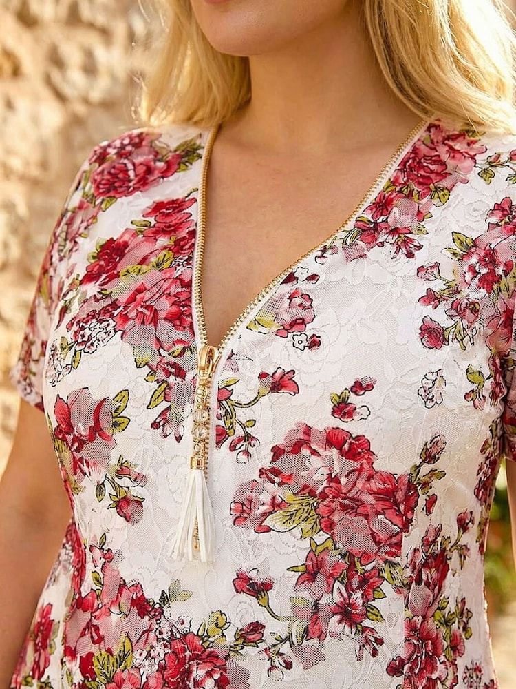 Roman Red Curve Floral Lace Zip Front Blouse - Image 4 of 4