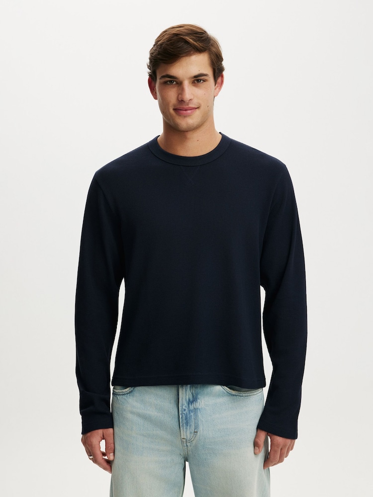 Cotton On Blue Cropped Fit Textured Long Sleeve T-Shirt - Image 1 of 4 Cotton On Blue Cropped Fit Textured Long Sleeve T-Shirt - Image 1 of 4