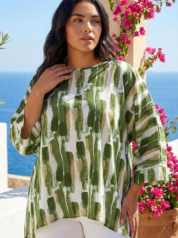 Roman Green Curve Dipped Hem Abstract Print Top - Image 2 of 4 Roman Green Curve Dipped Hem Abstract Print Top - Image 2 of 4