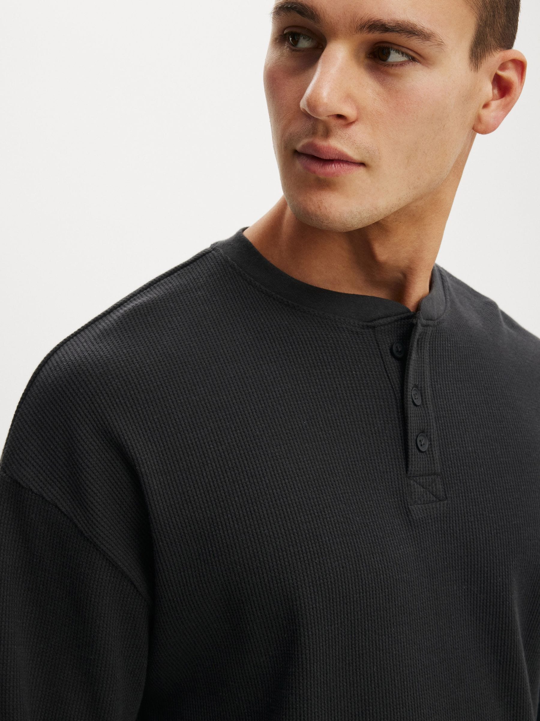 Buy Cotton On Black Relaxed Fit Textured Henley Long Sleeve T