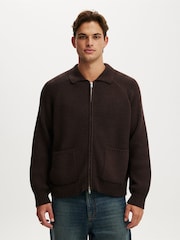 Cotton On Brown Zip Through Knitted Bomber Jumper - Image 1 of 4