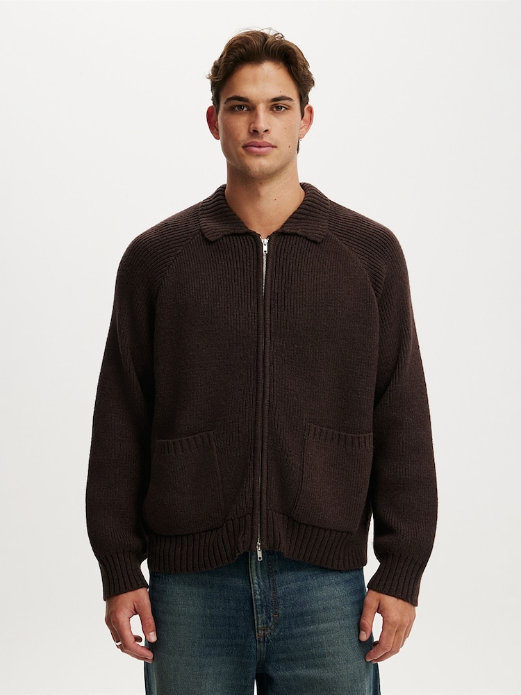 Cotton On Brown Zip Through Knitted Bomber Jumper - Image 1 of 4 Cotton On Brown Zip Through Knitted Bomber Jumper - Image 1 of 4