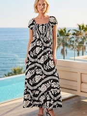 Roman Black/White Leaf Print Shirred Maxi Dress - Image 1 of 4