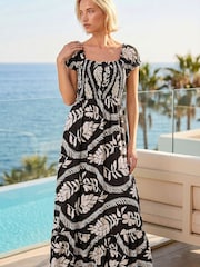 Roman Black/White Leaf Print Shirred Maxi Dress - Image 2 of 4