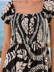Roman Black/White Leaf Print Shirred Maxi Dress - Image 4 of 4