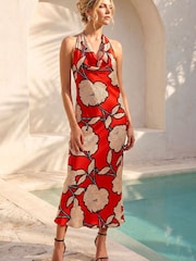 Roman Orange Floral Print Satin Bias Cut Dress - Image 1 of 4