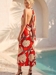 Roman Orange Floral Print Satin Bias Cut Dress - Image 3 of 4