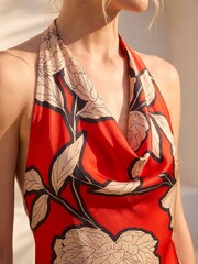 Roman Orange Floral Print Satin Bias Cut Dress - Image 4 of 4