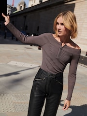 Grey Off The Shoulder Zip Knitted Ribbed Top - Image 1 of 5