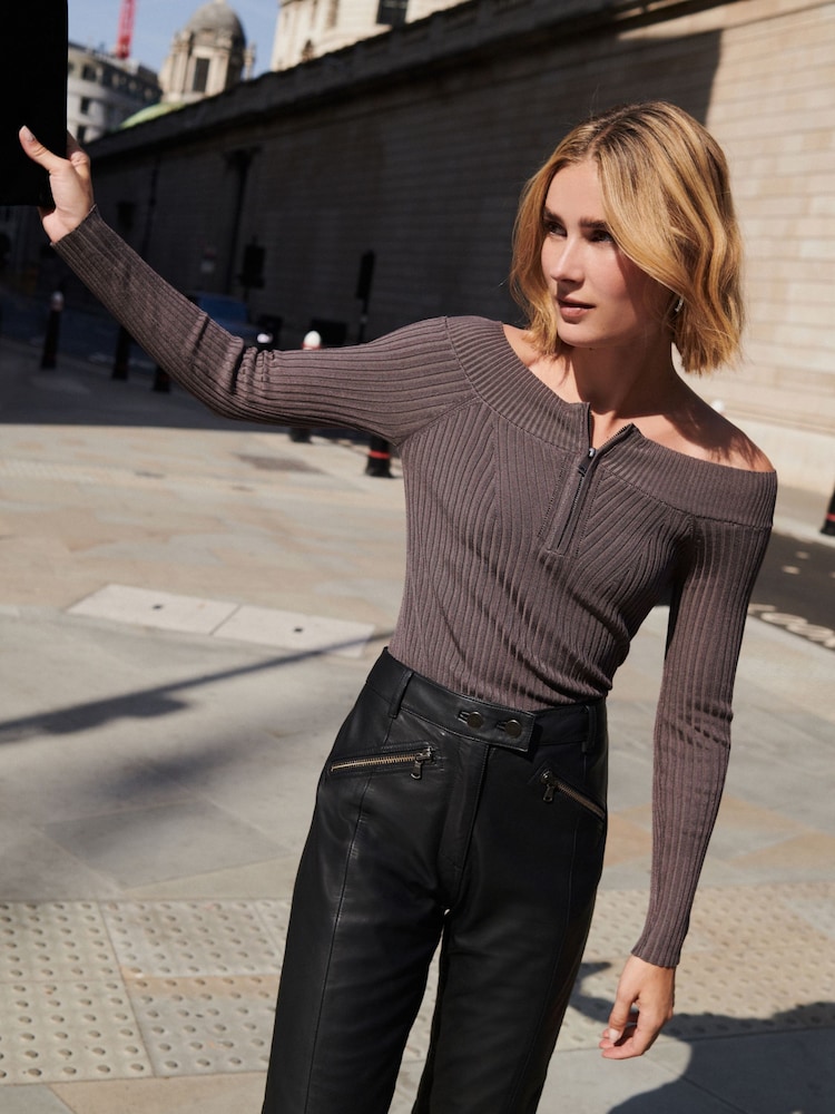 Grey Off The Shoulder Zip Knitted Ribbed Top - Image 1 of 5