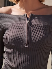 Grey Off The Shoulder Zip Knitted Ribbed Top - Image 3 of 5