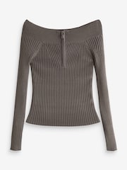 Grey Off The Shoulder Zip Knitted Ribbed Top - Image 4 of 5