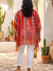 Roman Red Curve Ikat Paisley Asymmetric Overlay Top - Image 3 of 4